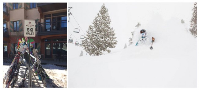 A designated rack at the base of the Lionshead gondola allows Antlers at Vail guests to pick up and deposit their skis with ease (right). Vail has experienced some epic powder recently (right, photo © Ben Koelker).
