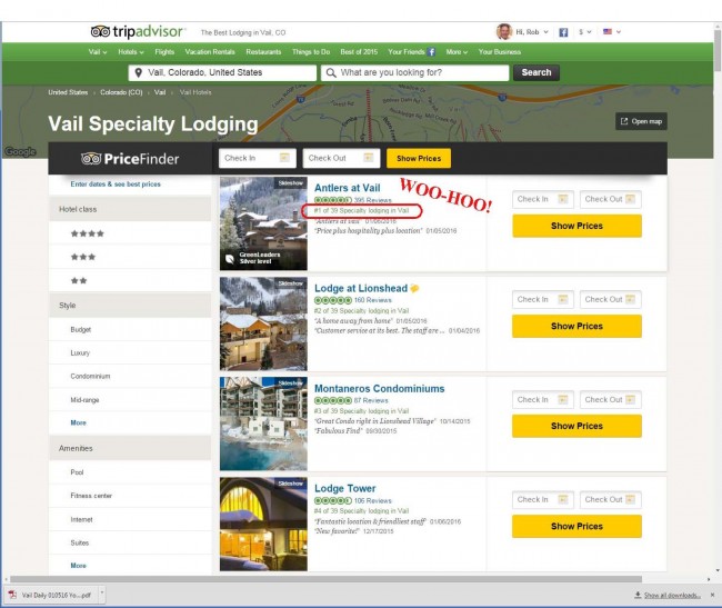 Antlers at Vail Ranked #1 on TripAdvisor