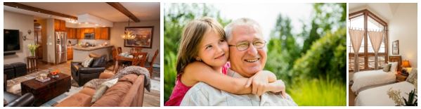 Comfortable Antlers at Vail lodging (right and left) includes full kitchens, dining areas and living rooms with plenty of room to spread out – and a “Parents Not Allowed” summer discount sweetens the deal for grandparents.